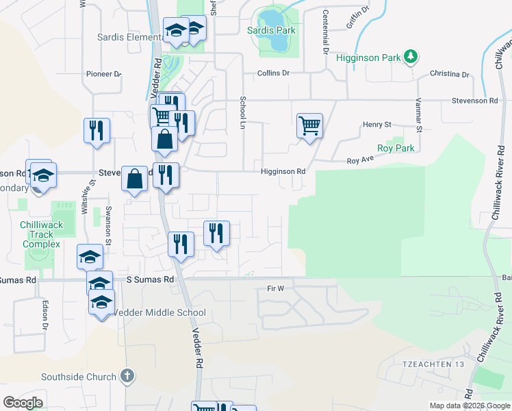map of restaurants, bars, coffee shops, grocery stores, and more near 6556 Lavender Place in Chilliwack