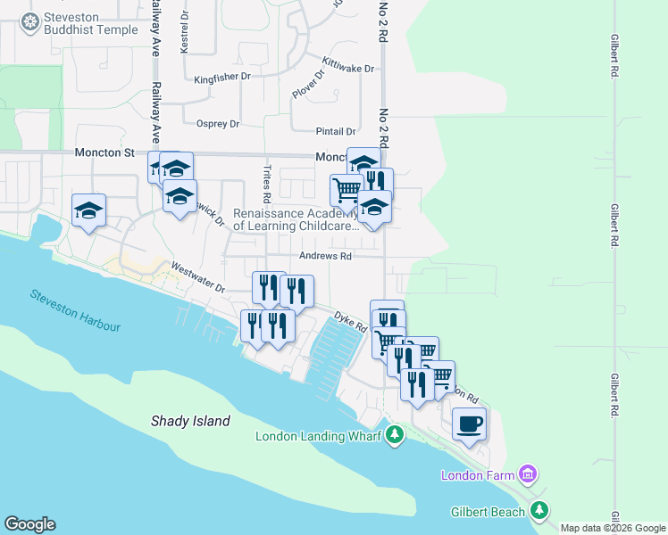 map of restaurants, bars, coffee shops, grocery stores, and more near 5700 Andrews Road in Richmond