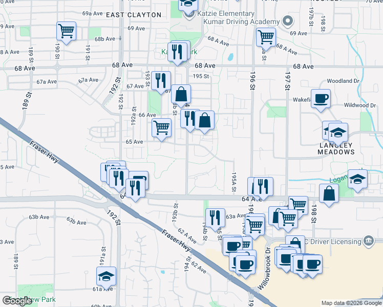 map of restaurants, bars, coffee shops, grocery stores, and more near in Surrey