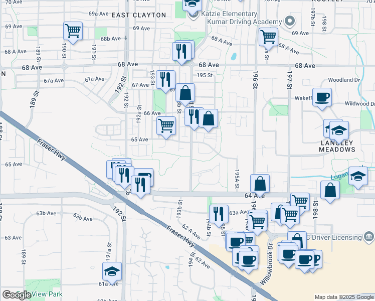 map of restaurants, bars, coffee shops, grocery stores, and more near 19388 65 Avenue in Surrey