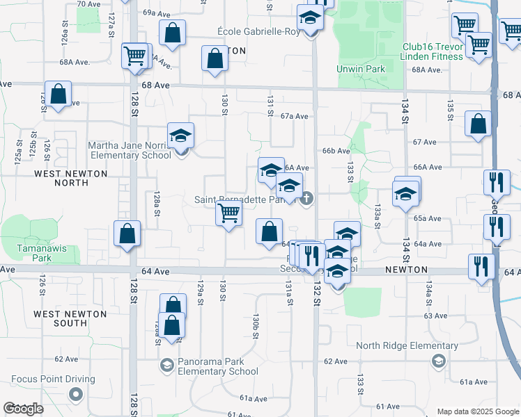 map of restaurants, bars, coffee shops, grocery stores, and more near 13095 65A Avenue in Surrey