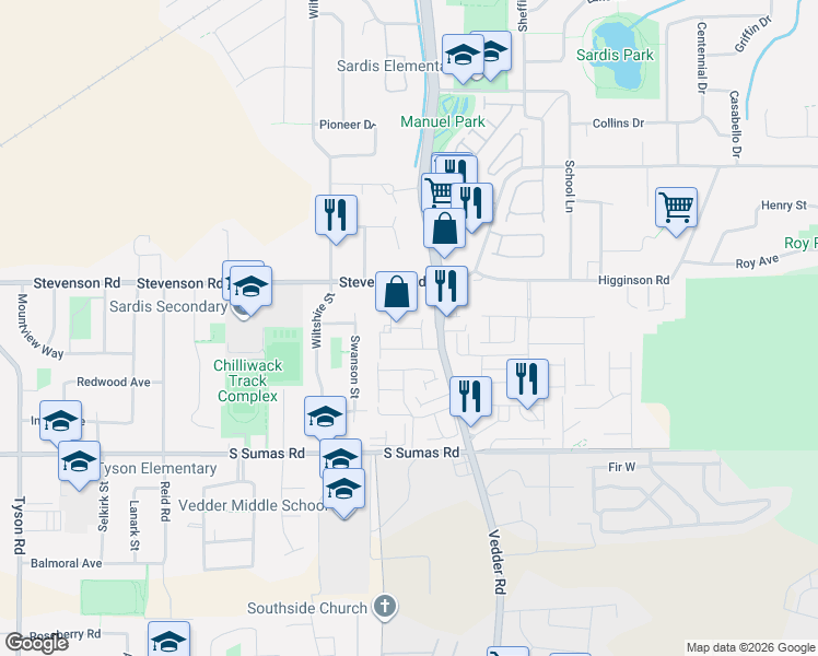 map of restaurants, bars, coffee shops, grocery stores, and more near 6540 Dogwood Drive in Chilliwack