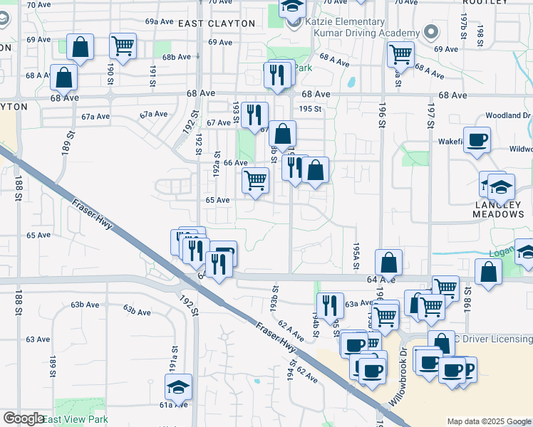 map of restaurants, bars, coffee shops, grocery stores, and more near 19366 65 Avenue in Surrey