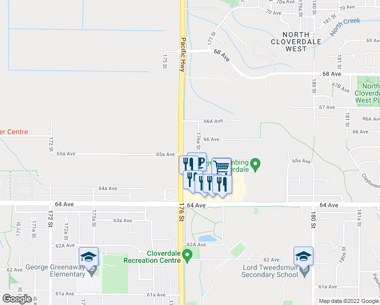 map of restaurants, bars, coffee shops, grocery stores, and more near 6554 176 Street in Surrey
