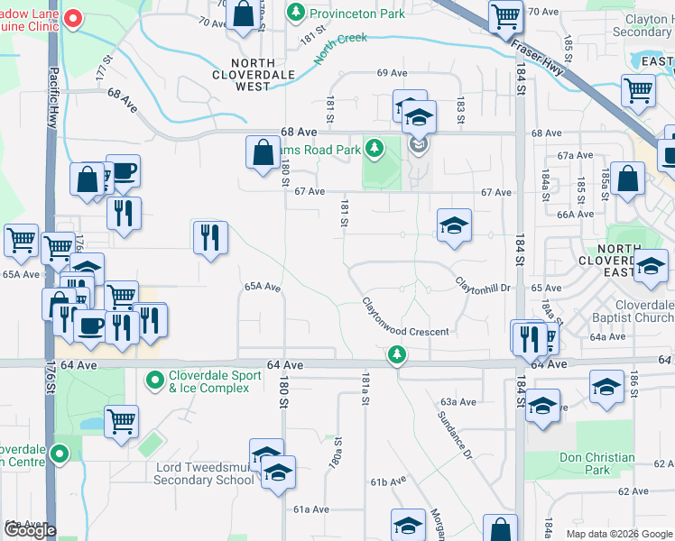 map of restaurants, bars, coffee shops, grocery stores, and more near 18118 Claytonwood Crescent in Surrey