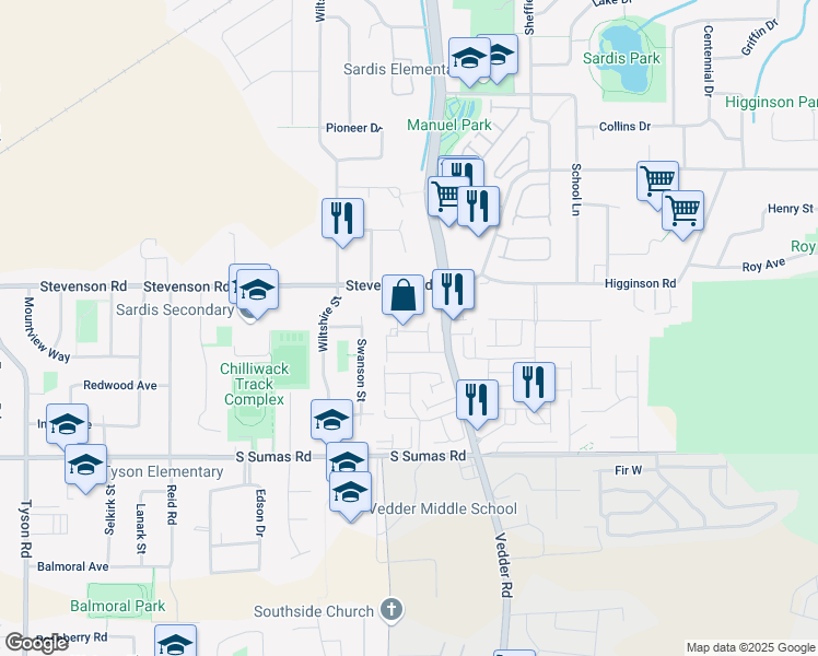 map of restaurants, bars, coffee shops, grocery stores, and more near 6450 Dogwood Drive in Chilliwack