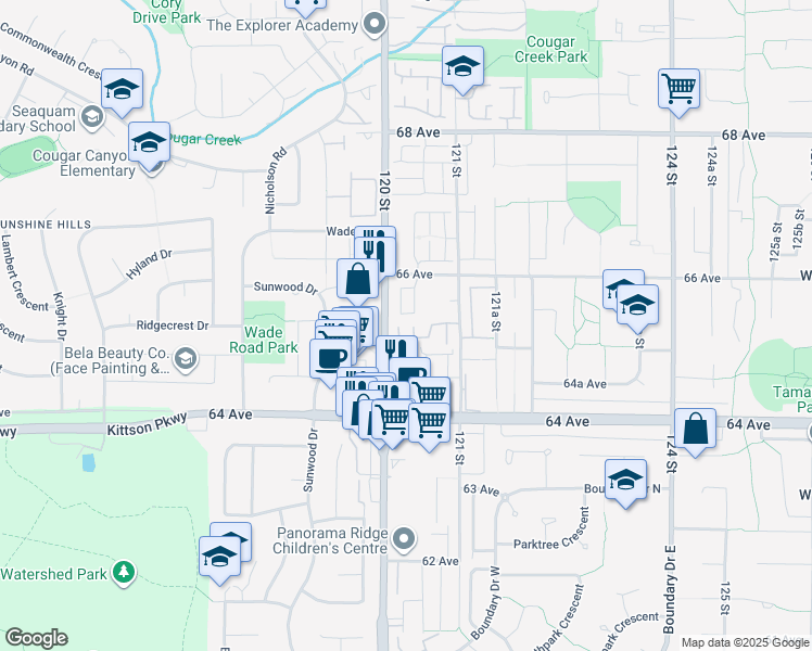 map of restaurants, bars, coffee shops, grocery stores, and more near 12036 66 Avenue in Surrey