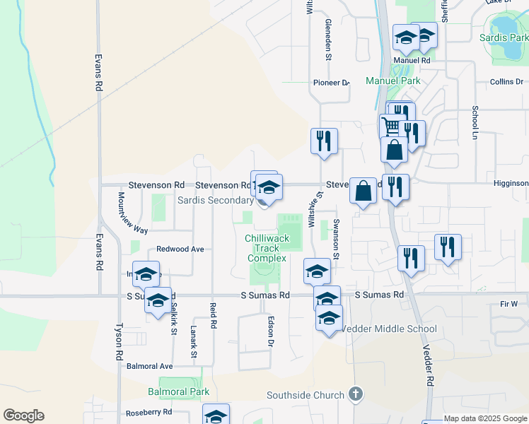 map of restaurants, bars, coffee shops, grocery stores, and more near 45460 Stevenson Road in Chilliwack