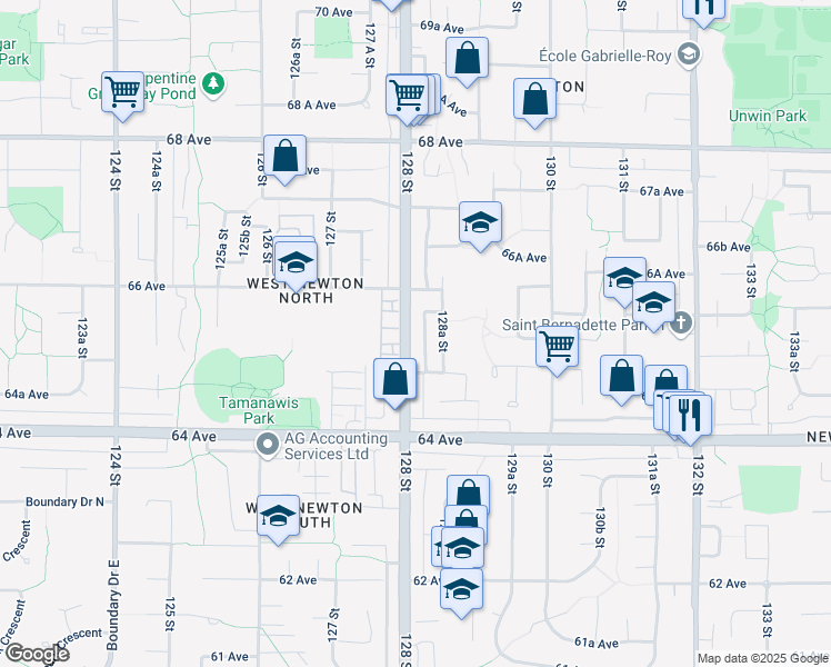 map of restaurants, bars, coffee shops, grocery stores, and more near 6550 128 Street in Surrey