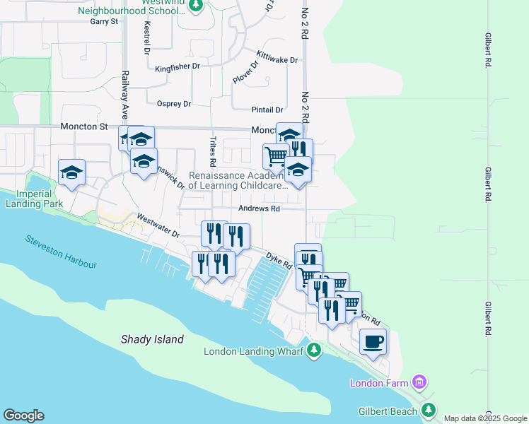 map of restaurants, bars, coffee shops, grocery stores, and more near 5700 Andrews Road in Richmond