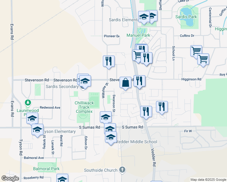 map of restaurants, bars, coffee shops, grocery stores, and more near 45573 Perth Avenue in Chilliwack