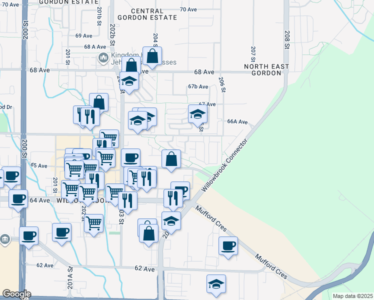 map of restaurants, bars, coffee shops, grocery stores, and more near 20460 66 Avenue in Langley Township