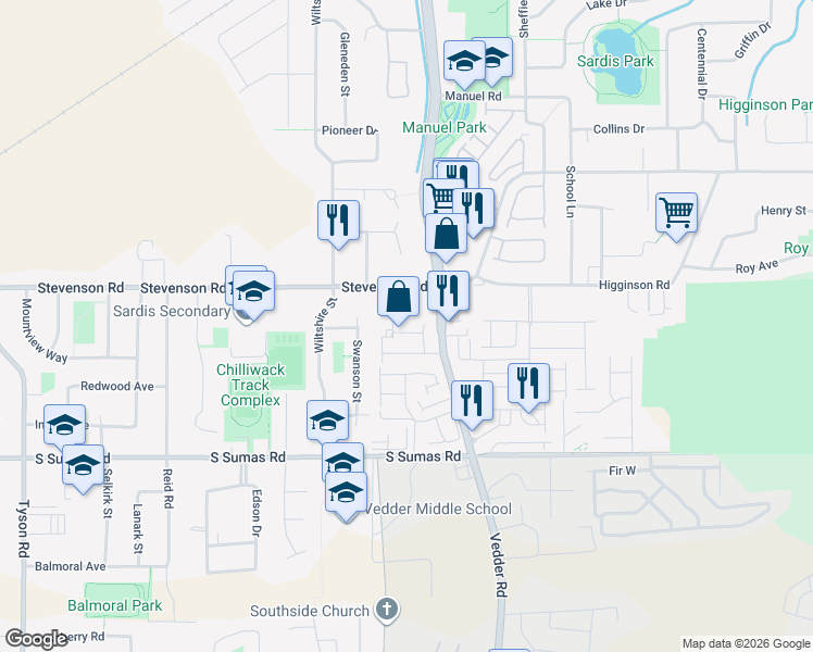 map of restaurants, bars, coffee shops, grocery stores, and more near 6540 Dogwood Drive in Chilliwack
