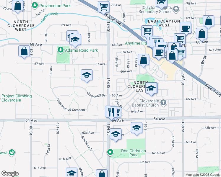 map of restaurants, bars, coffee shops, grocery stores, and more near 6522 184 Street in Surrey
