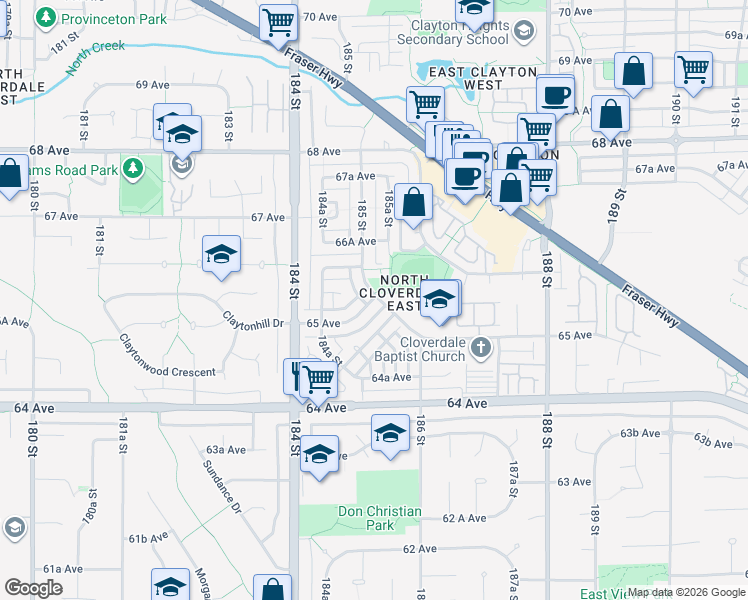 map of restaurants, bars, coffee shops, grocery stores, and more near 18556 65 Avenue in Surrey