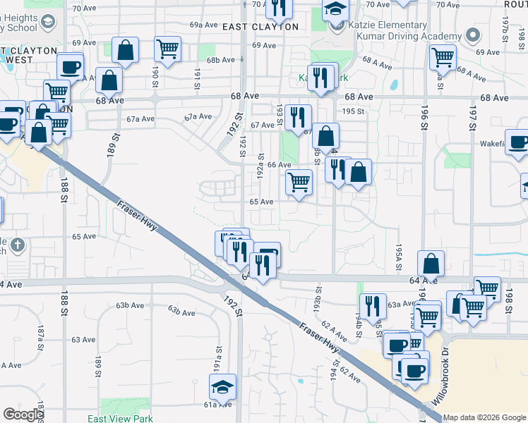 map of restaurants, bars, coffee shops, grocery stores, and more near 19250 65 Avenue in Surrey