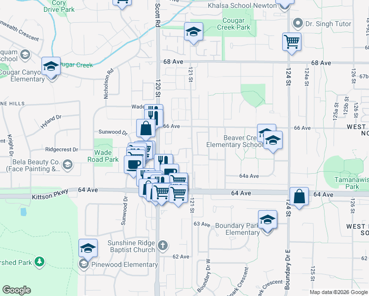 map of restaurants, bars, coffee shops, grocery stores, and more near 6557 121 Street in Surrey