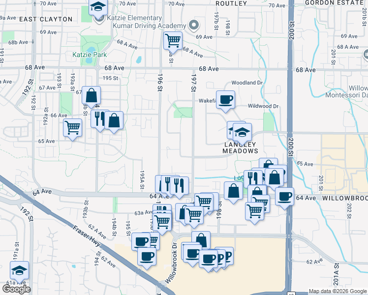 map of restaurants, bars, coffee shops, grocery stores, and more near 6548 Willoughby Way in Langley