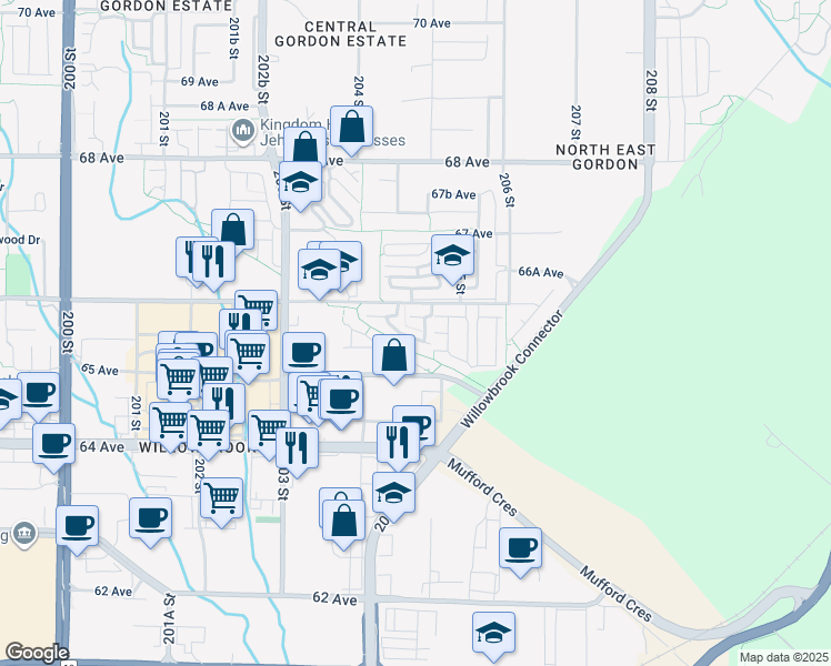 map of restaurants, bars, coffee shops, grocery stores, and more near 96 66 Avenue in Langley City