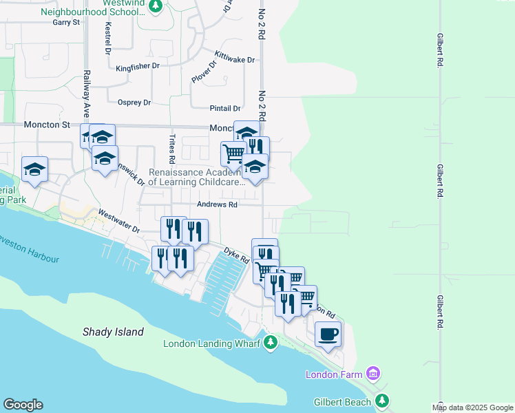 map of restaurants, bars, coffee shops, grocery stores, and more near 12491 Number 2 Road in Richmond