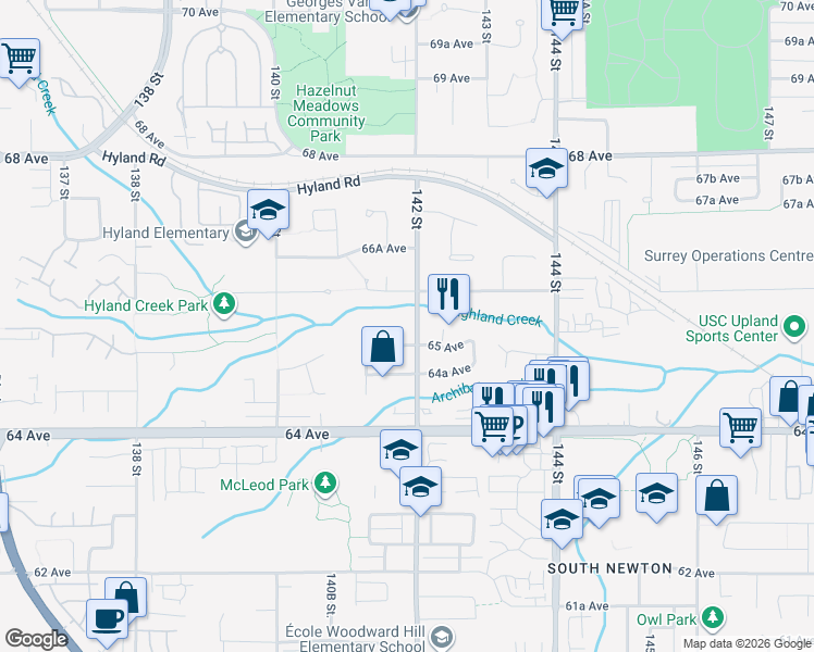 map of restaurants, bars, coffee shops, grocery stores, and more near 6559 142 Street in Surrey