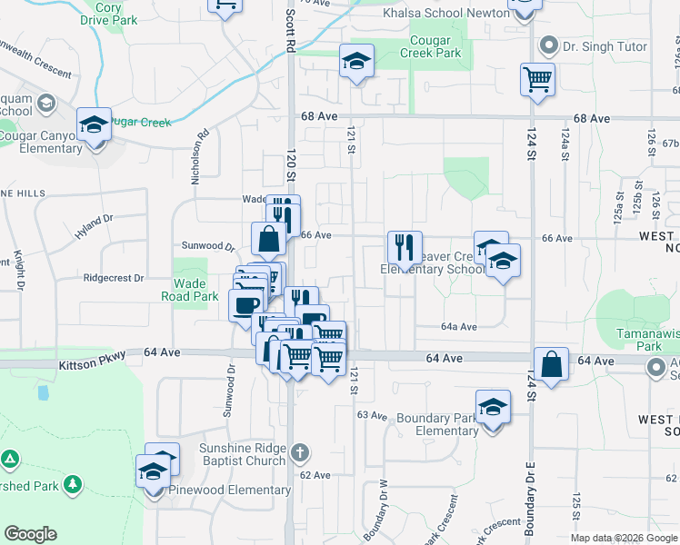 map of restaurants, bars, coffee shops, grocery stores, and more near 6557 121 Street in Surrey