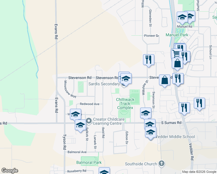 map of restaurants, bars, coffee shops, grocery stores, and more near 6589 Fern Street in Chilliwack