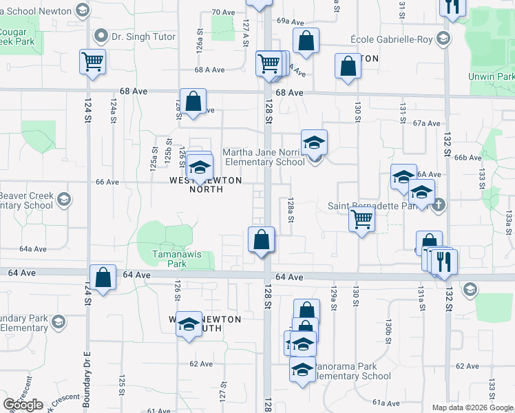map of restaurants, bars, coffee shops, grocery stores, and more near in Surrey