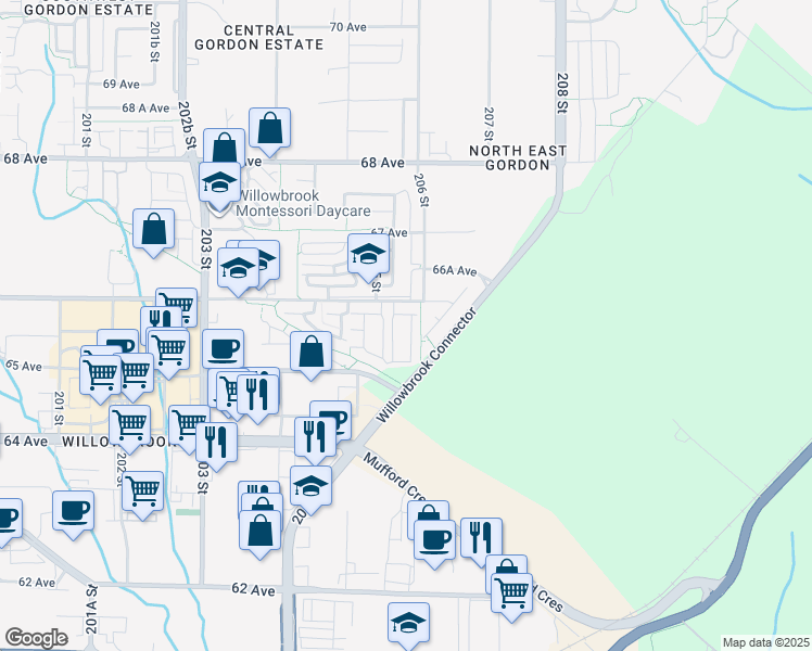 map of restaurants, bars, coffee shops, grocery stores, and more near 20560 66 Avenue in Langley Township