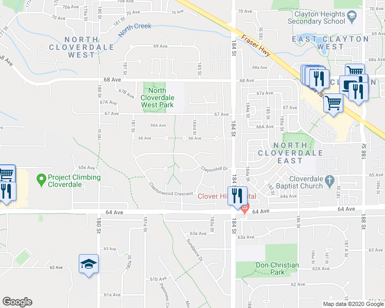 map of restaurants, bars, coffee shops, grocery stores, and more near 18265 Claytonhill Drive in Surrey