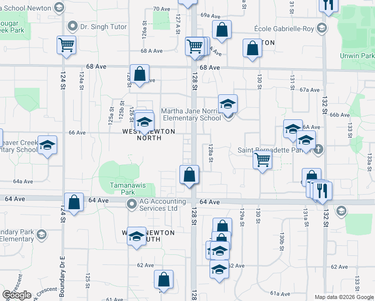 map of restaurants, bars, coffee shops, grocery stores, and more near 12778 66 Avenue in Surrey