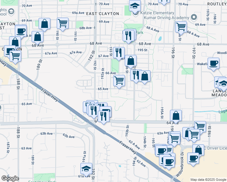 map of restaurants, bars, coffee shops, grocery stores, and more near 19320 65 Avenue in Surrey