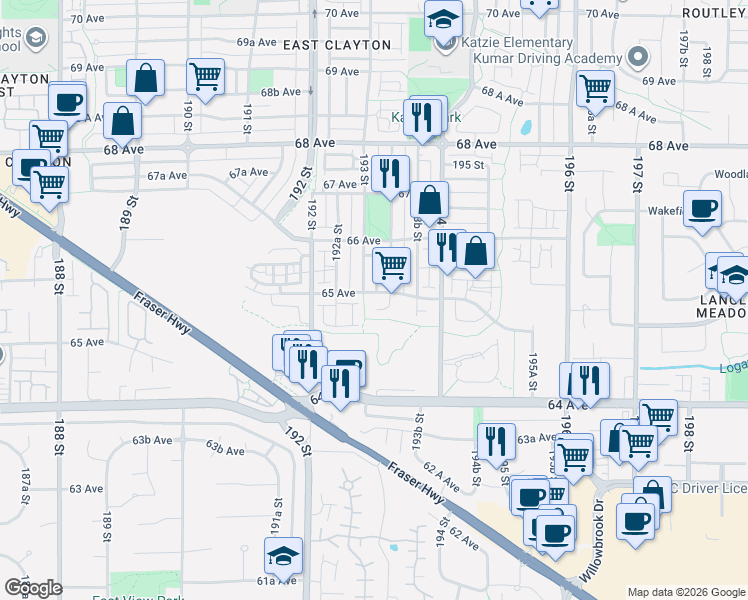 map of restaurants, bars, coffee shops, grocery stores, and more near 19320 65 Avenue in Surrey
