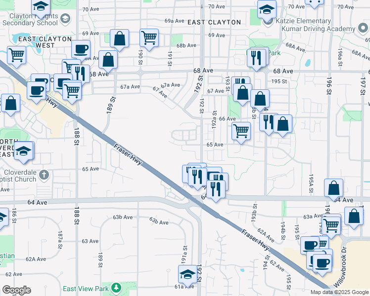 map of restaurants, bars, coffee shops, grocery stores, and more near 19128 65 Avenue in Surrey