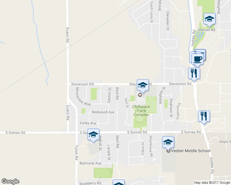 map of restaurants, bars, coffee shops, grocery stores, and more near 6603 Reid Road in Chilliwack