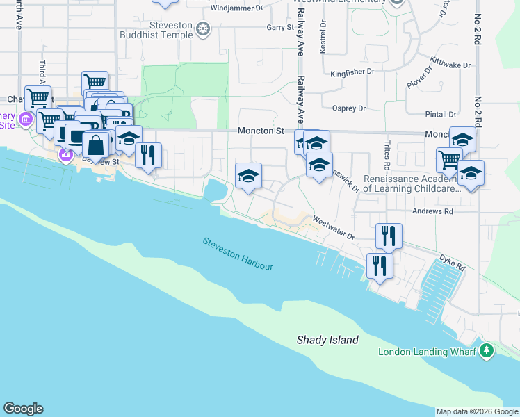 map of restaurants, bars, coffee shops, grocery stores, and more near 4600 Westwater Drive in Richmond