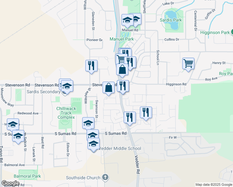 map of restaurants, bars, coffee shops, grocery stores, and more near 6595 Vedder Road in Chilliwack