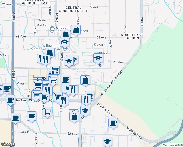 map of restaurants, bars, coffee shops, grocery stores, and more near 20460 66 Avenue in Langley