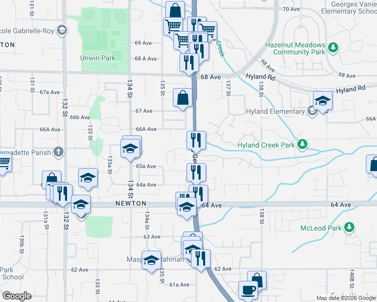 map of restaurants, bars, coffee shops, grocery stores, and more near 6571 King George Boulevard in Surrey