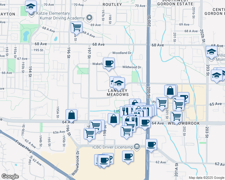 map of restaurants, bars, coffee shops, grocery stores, and more near 2475 Wayburne Crescent in Langley City