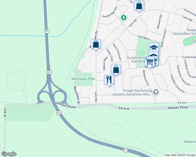 map of restaurants, bars, coffee shops, grocery stores, and more near 10945 Lawrie Crescent in Delta