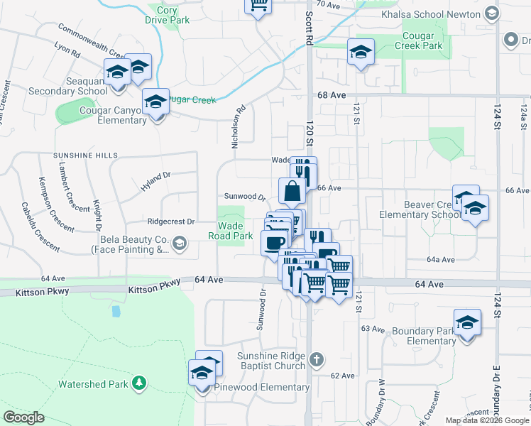map of restaurants, bars, coffee shops, grocery stores, and more near 11893 Woodgrove Avenue in Delta
