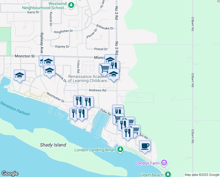 map of restaurants, bars, coffee shops, grocery stores, and more near 5999 Andrews Road in Richmond