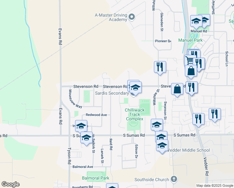 map of restaurants, bars, coffee shops, grocery stores, and more near 6601 Fern Street in Chilliwack