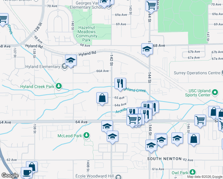 map of restaurants, bars, coffee shops, grocery stores, and more near 6559 142 Street in Surrey