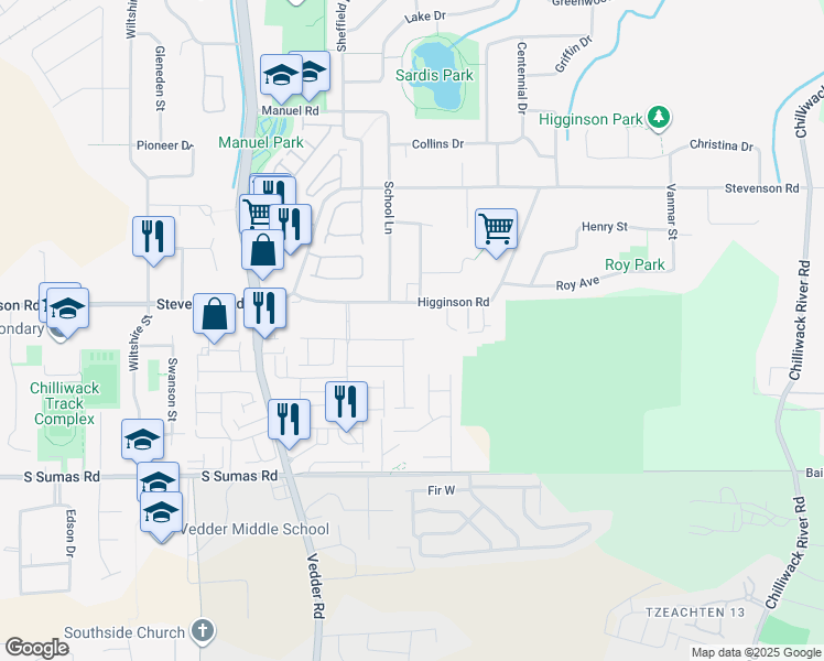 map of restaurants, bars, coffee shops, grocery stores, and more near 45921 Verbena Drive in Chilliwack