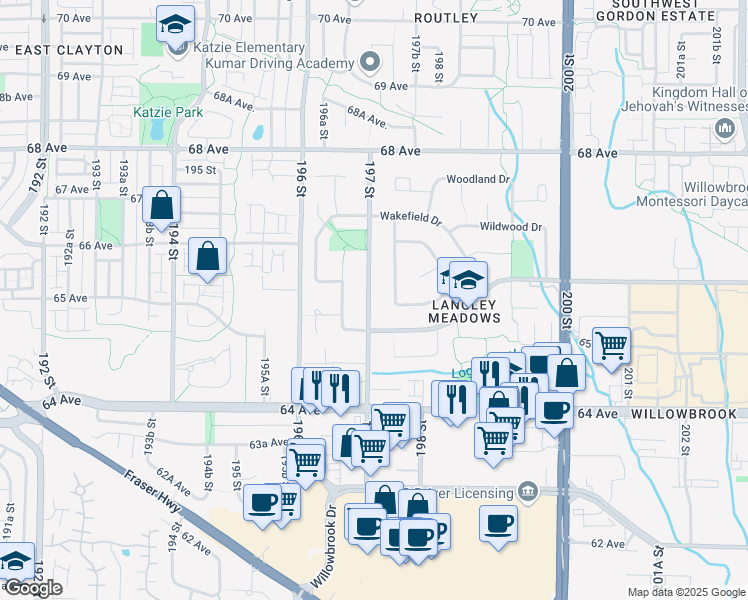 map of restaurants, bars, coffee shops, grocery stores, and more near 6568 197 Street in Langley
