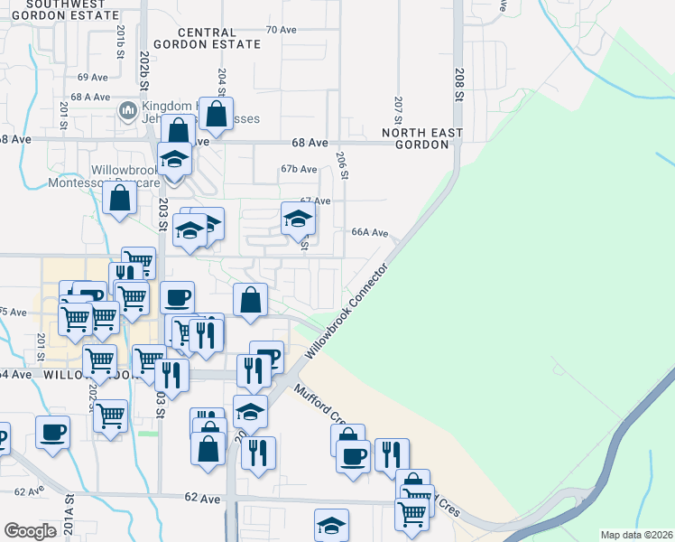 map of restaurants, bars, coffee shops, grocery stores, and more near 20560 66 Avenue in Langley Township