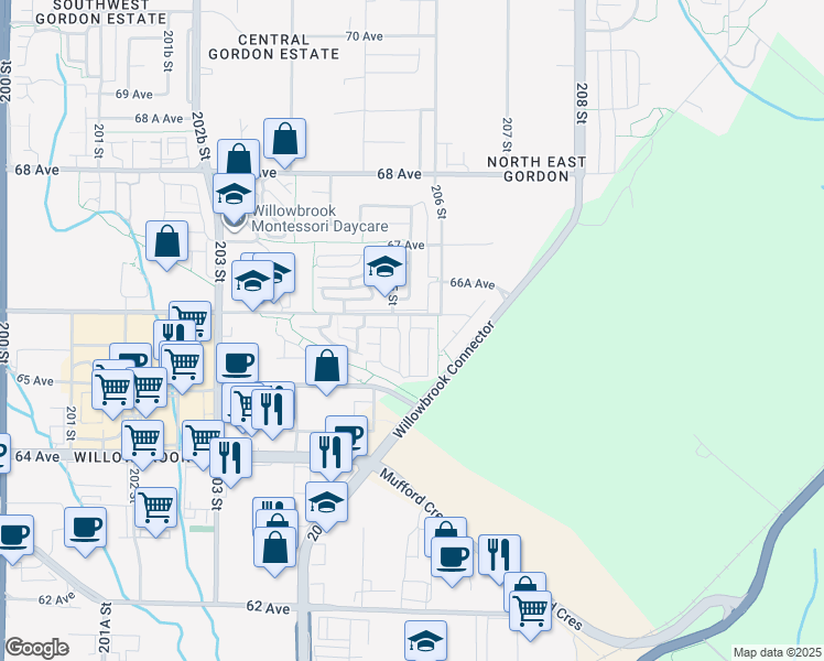 map of restaurants, bars, coffee shops, grocery stores, and more near 20560 66 Avenue in Langley