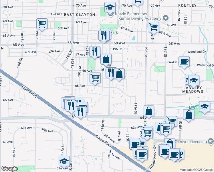 map of restaurants, bars, coffee shops, grocery stores, and more near 36 65 Avenue in Surrey